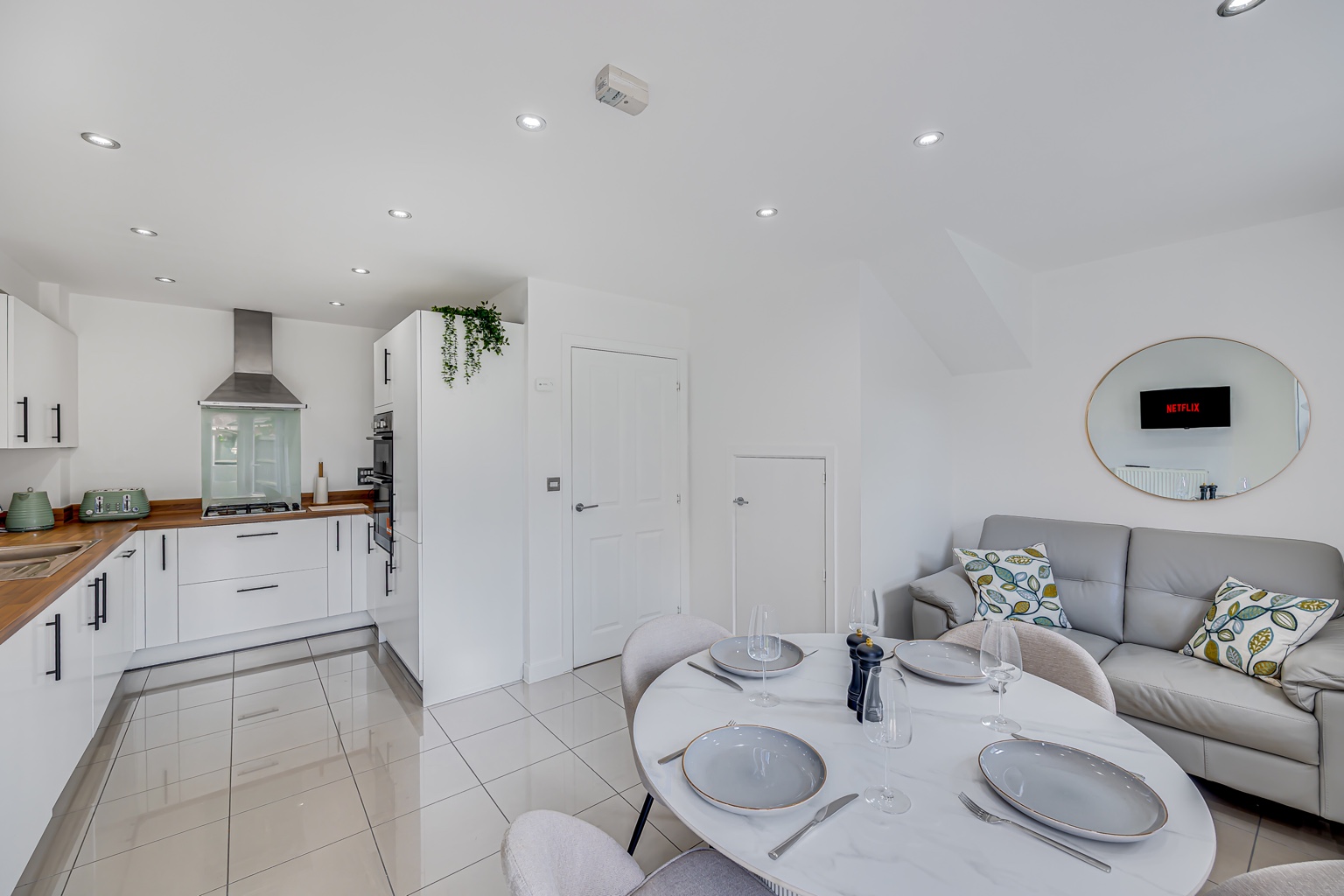Bright kitchen, dining and lounge